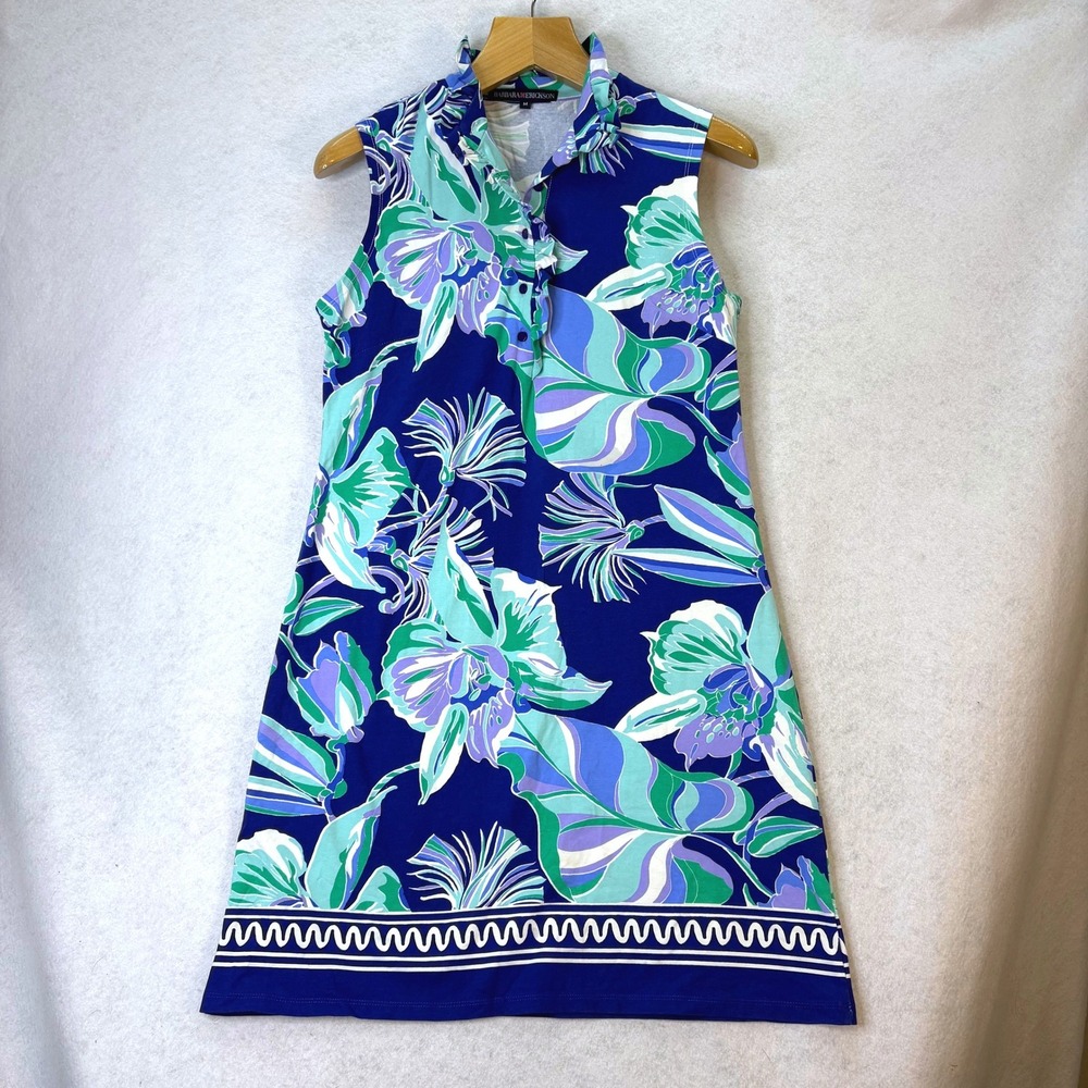Barbara Erickson Blue Floral Ruffle Collar Sleeveless Shift Dress M Coastal Prep